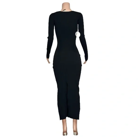 STAUD Silhouette Long Sleeves Ribbed-Knit Maxi Dress, Black, XS